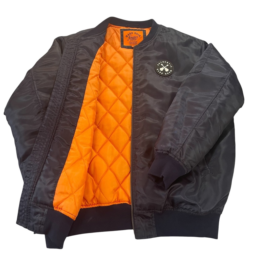 Hard Rock Hotel & Casino Bomber Jacket Mens L Navy Blue Orange Quilted Lining